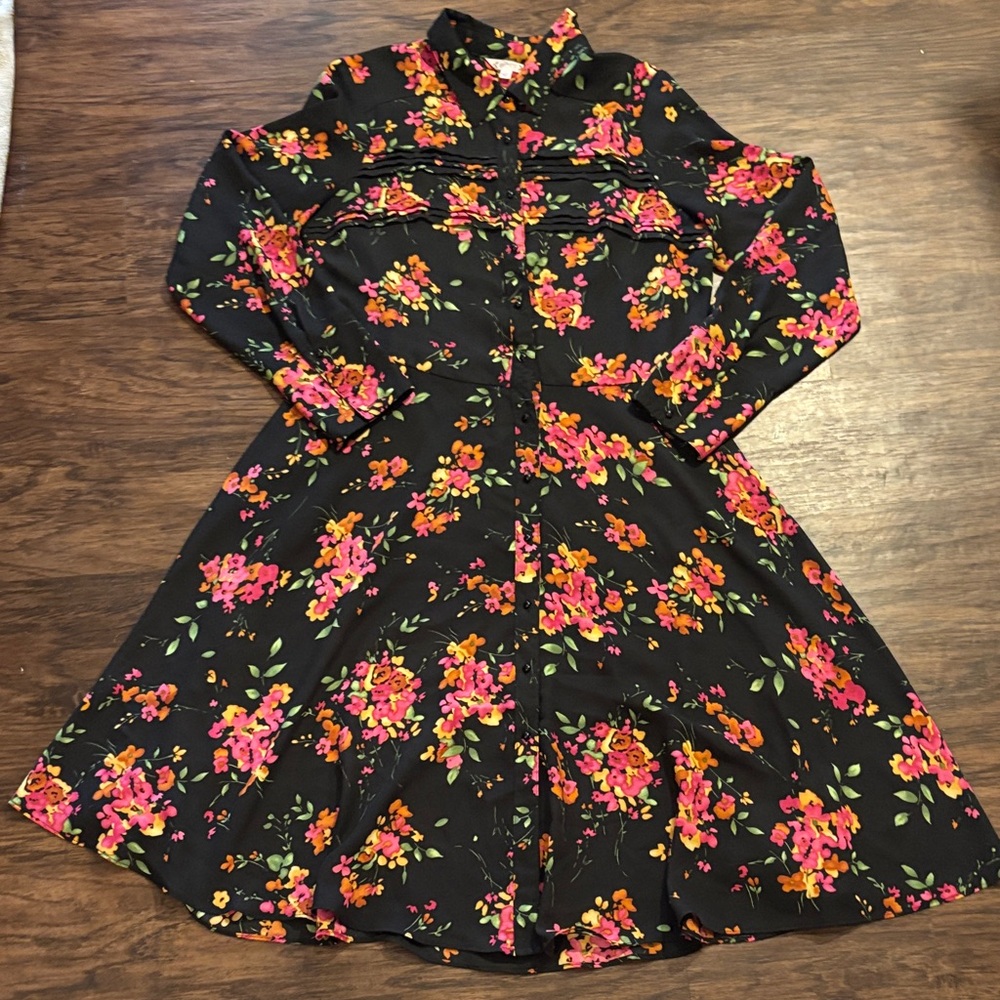 Nanette Lepore Black Floral Shirt Dress with Pink & Orange Blossoms